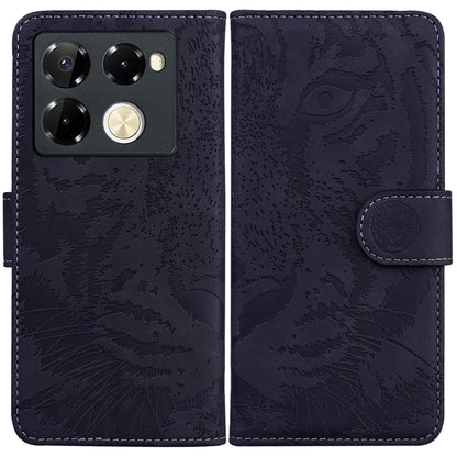 Dark navy tiger-emboss flip leather phone case with magnetic strap and card slot