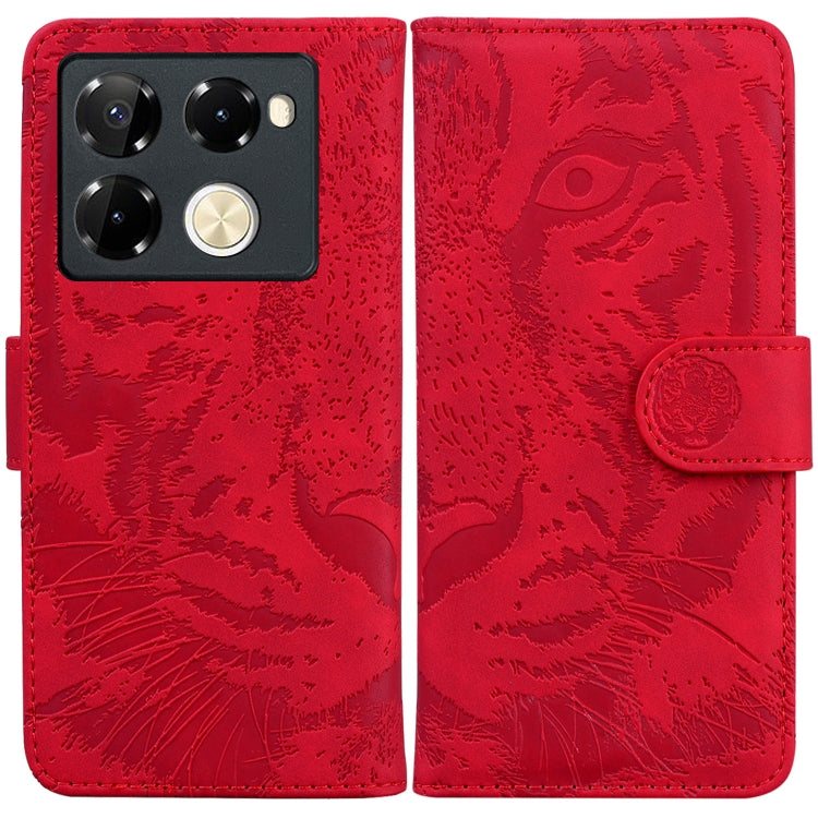 Red tiger-emboss flip leather phone case with magnetic strap and card slot
