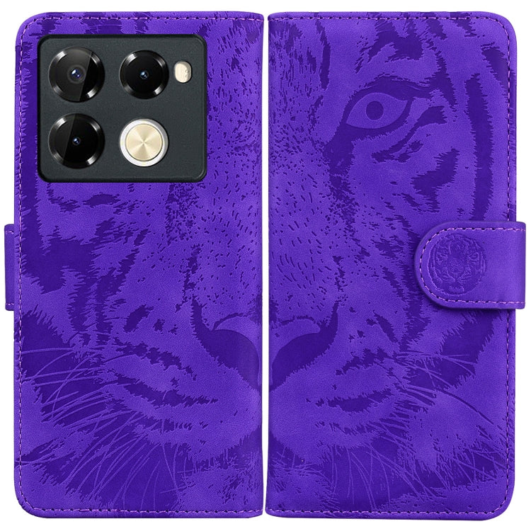 Purple tiger-emboss flip leather phone case with magnetic strap and card slot