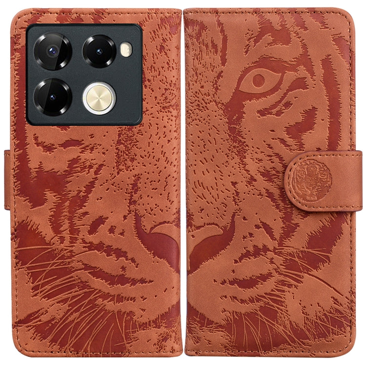 Brown tiger-emboss flip leather phone case with magnetic strap and embossed crest