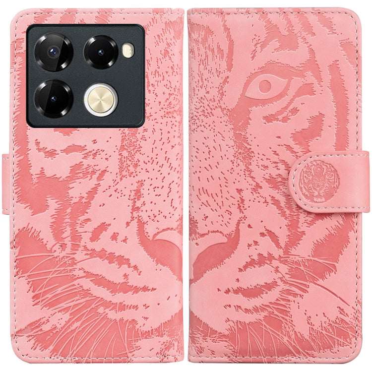 Pink tiger-emboss flip leather phone case with magnetic strap and embossed crest