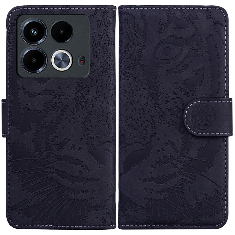 Dark navy tiger-emboss flip leather phone case with magnetic strap and embossed crest