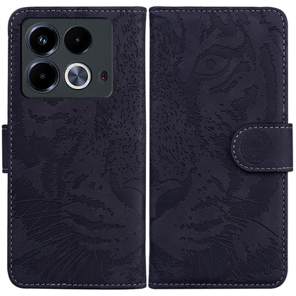 Dark navy tiger-emboss flip leather phone case with magnetic strap and embossed crest