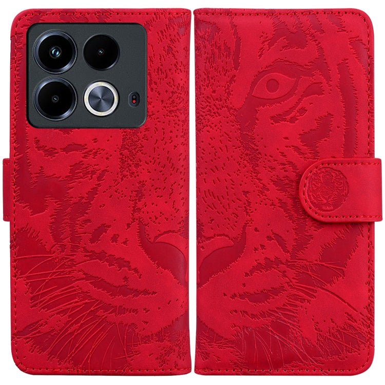 Red tiger-emboss flip leather phone case with magnetic strap and embossed crest