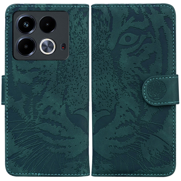 Teal tiger-embossed flip leather phone case with magnetic strap and card slot