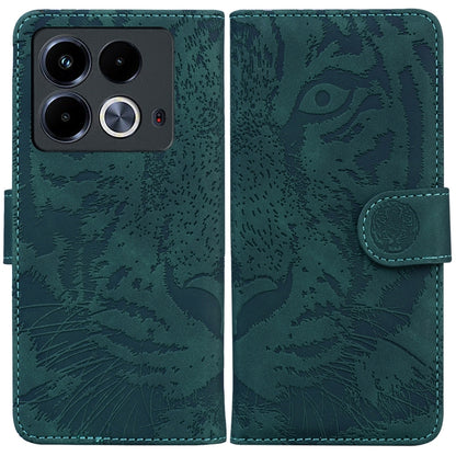 Teal tiger-embossed flip leather phone case with magnetic strap and card slot