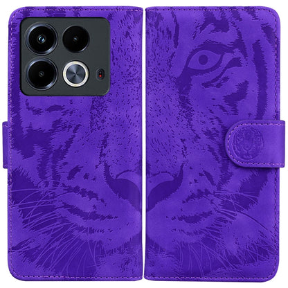 Purple tiger-embossed flip leather phone case with magnetic strap and card slot