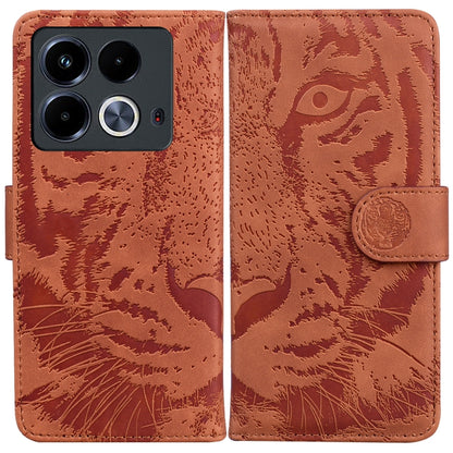 Brown tiger-embossed flip leather phone case with magnetic strap and card slot