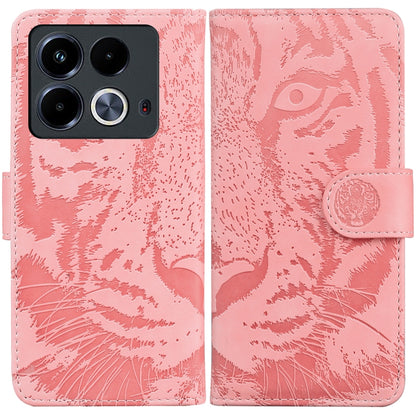 Pink tiger-embossed flip leather phone case with magnetic strap and card slot