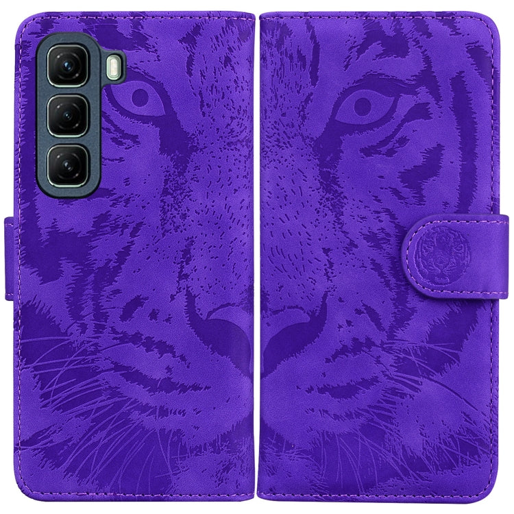 Purple tiger-embossed wallet-style flip phone case with magnetic side strap.