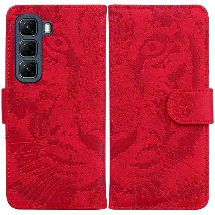 Red tiger-embossing flip leather phone case with snap strap and camera cutouts