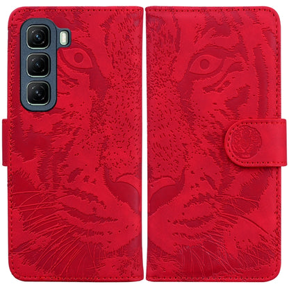Red tiger-embossing flip leather phone case with snap strap and camera cutouts