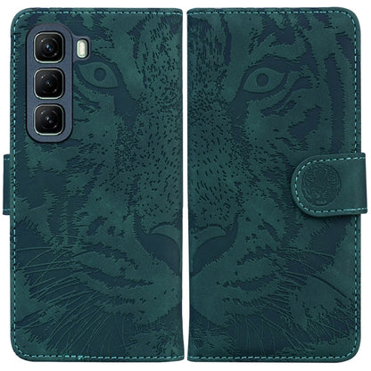 Teal tiger-embossing flip leather phone case with side strap and camera cutouts
