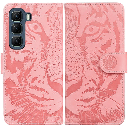 Pink tiger-embossing flip leather phone case with snap strap and camera cutouts