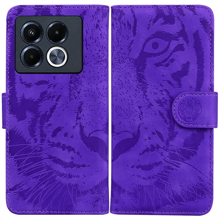 Tiger embossed flip leather phone case, purple with camera cutout and magnetic strap.