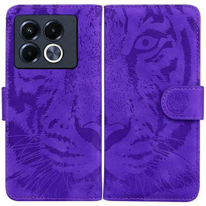 Tiger embossed flip leather phone case, purple with camera cutout and magnetic strap.