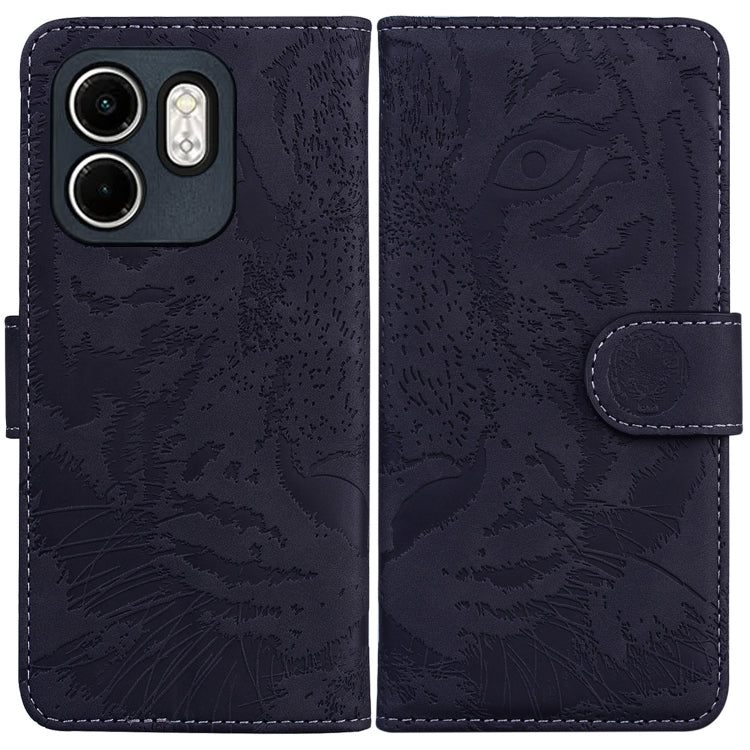 Tiger-emboss flip phone case with magnetic strap, dark navy, visible camera cutouts