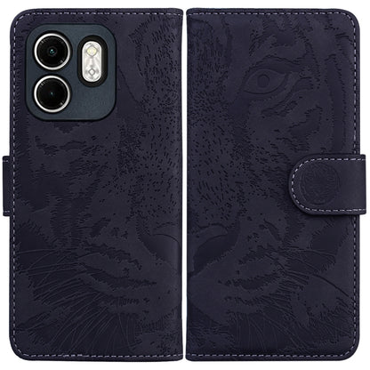 Tiger-emboss flip phone case with magnetic strap, dark navy, visible camera cutouts