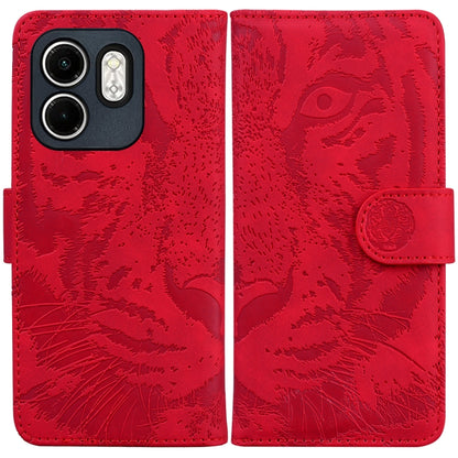 Tiger-emboss flip phone case with magnetic strap, red, visible camera cutouts