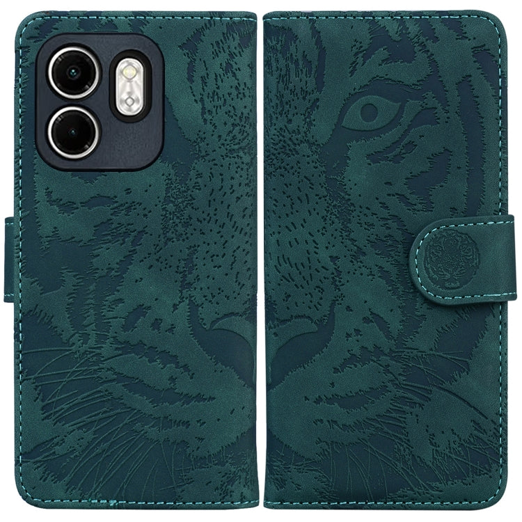 Teal green tiger-emboss flip phone case with magnetic strap and camera cutouts
