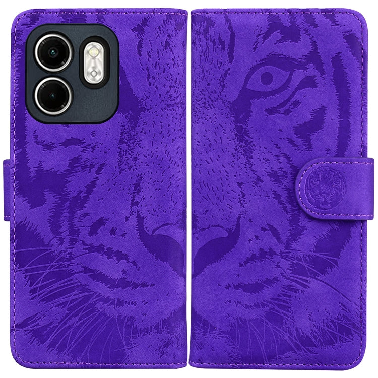 Purple tiger-emboss flip phone case with magnetic strap and camera cutouts