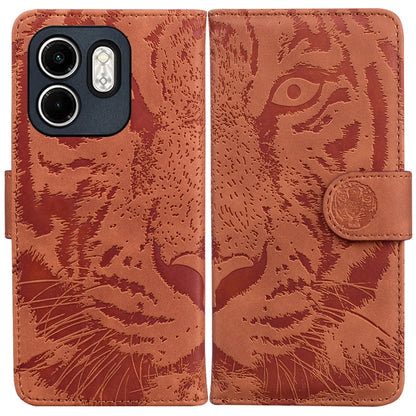 Brown tiger-emboss flip phone case with magnetic strap and camera cutouts