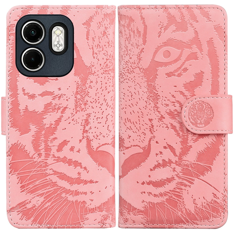 Pink tiger-emboss flip phone case with magnetic strap and camera cutouts