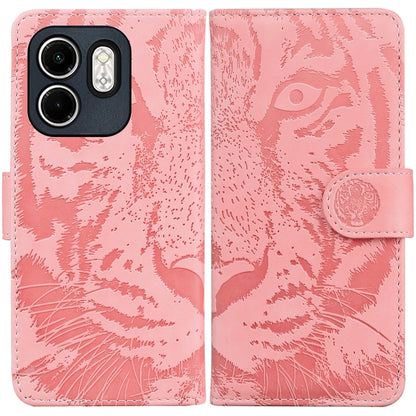 Pink tiger-emboss flip phone case with magnetic strap and camera cutouts
