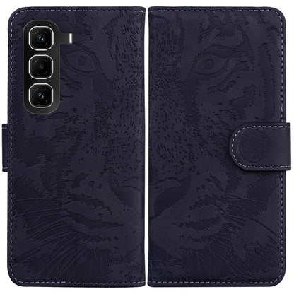 Dark navy tiger-embossed flip leather phone case showing back panel and magnetic closure.