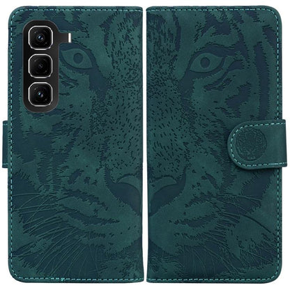 Tiger-emboss flip phone case with magnetic strap, teal green, visible camera cutouts