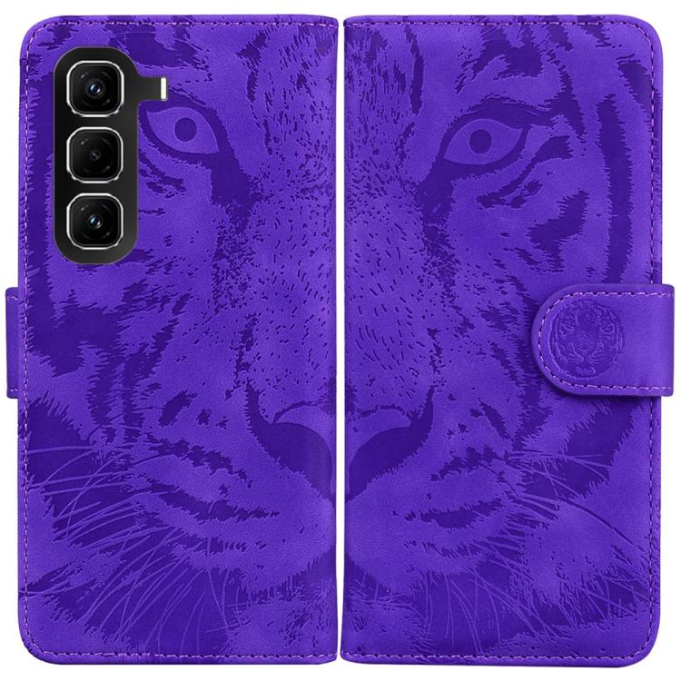 Tiger-emboss flip phone case with magnetic strap, purple, visible camera cutouts