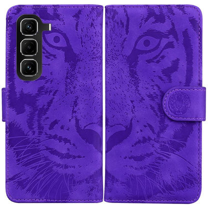 Tiger-emboss flip phone case with magnetic strap, purple, visible camera cutouts