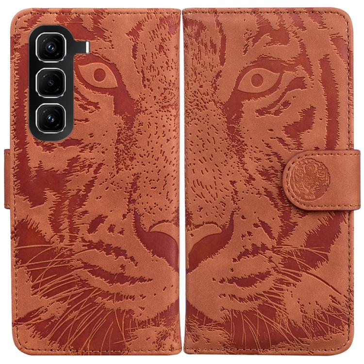 Tiger-emboss flip phone case with magnetic strap, brown, visible camera cutouts