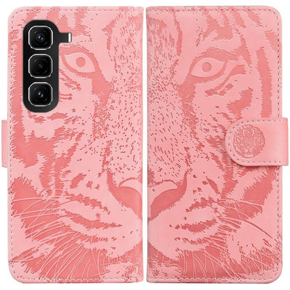 Tiger-emboss flip phone case with magnetic strap, pink, visible camera cutouts
