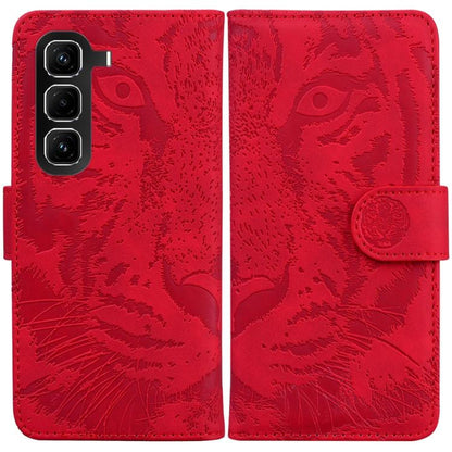 Red tiger-embossed flip phone case with magnetic side strap and camera cutouts.
