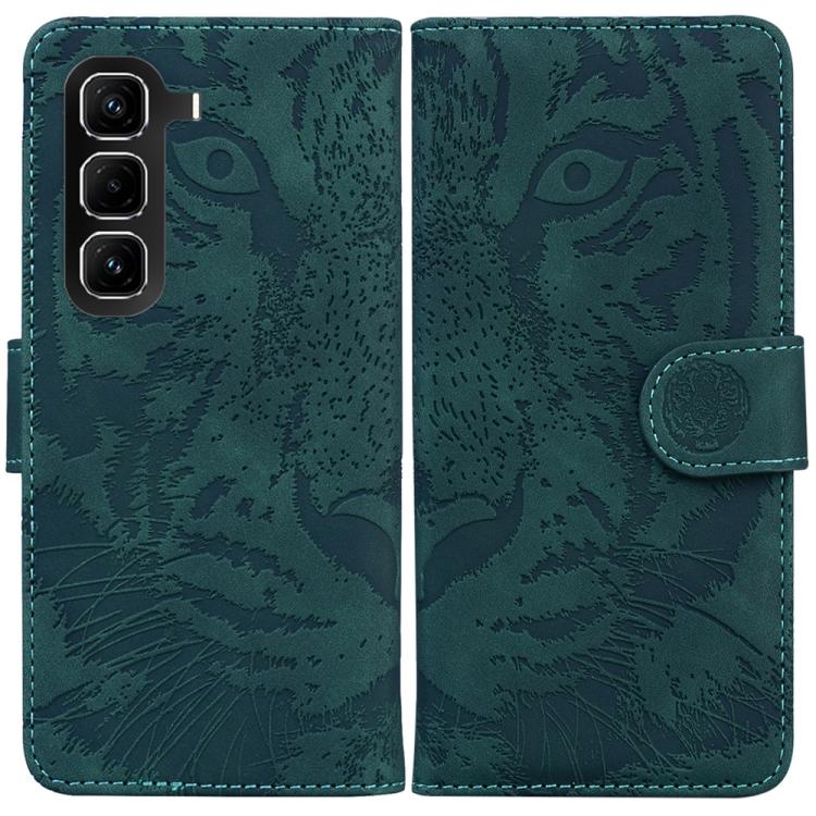 Teal-green tiger-embossed flip phone case with magnetic side strap and camera cutouts.