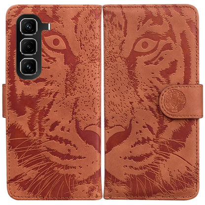 Brown tiger-embossed flip phone case with magnetic side strap and camera cutouts.