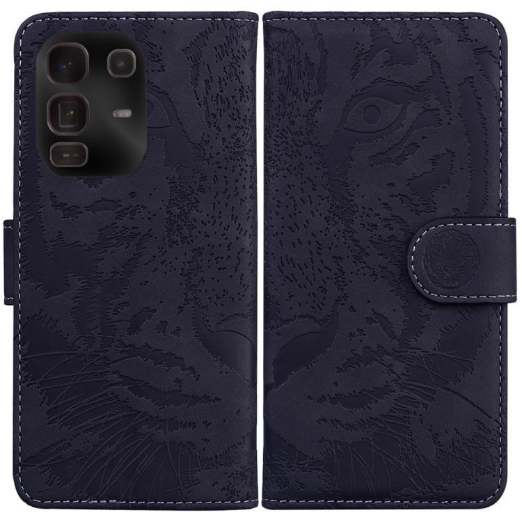 Tiger-embossing leather flip phone case, dark navy with circular clasp and stitched edges.