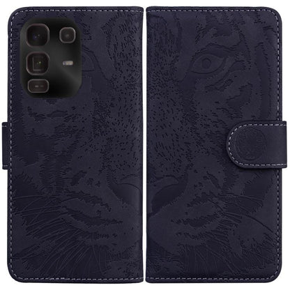 Tiger-embossing leather flip phone case, dark navy with circular clasp and stitched edges.