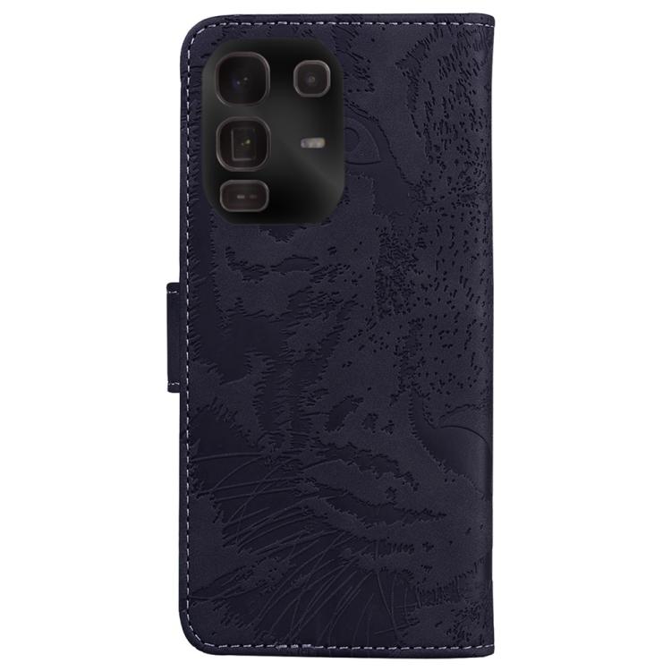 Tiger-embossing leather flip phone case, dark navy, back camera cutouts and stitched sides.