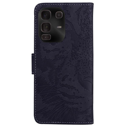 Tiger-embossing leather flip phone case, dark navy, back camera cutouts and stitched sides.