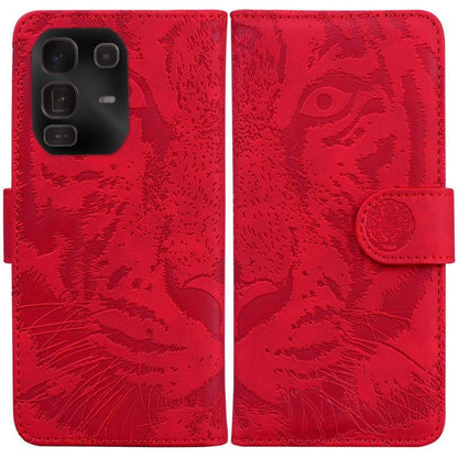 Tiger-embossing leather flip phone case, red with circular clasp and stitched border.
