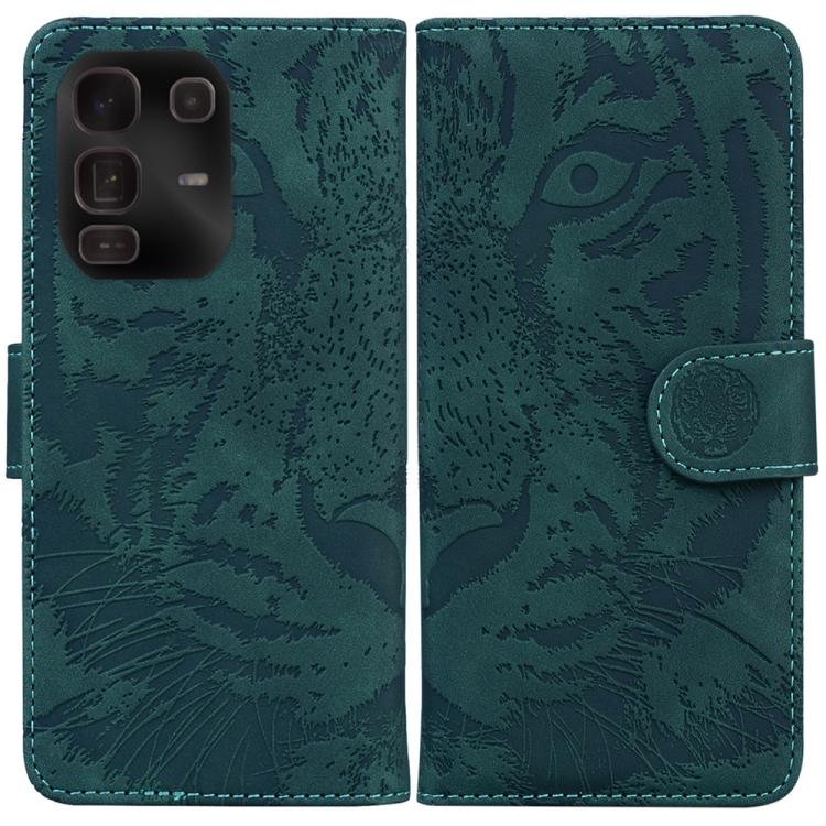 Tiger-embossing leather flip phone case, green with circular clasp and stitched trim.