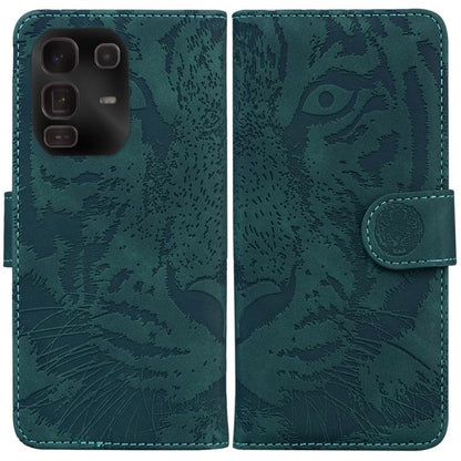 Tiger-embossing leather flip phone case, green with circular clasp and stitched trim.