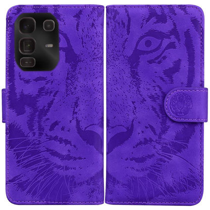 Tiger-embossing leather flip phone case, purple with circular clasp and stitched edges.
