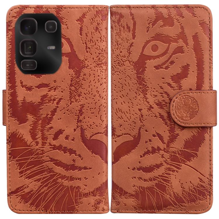 Brown tiger-embossed flip leather phone case with card slot and magnetic strap.