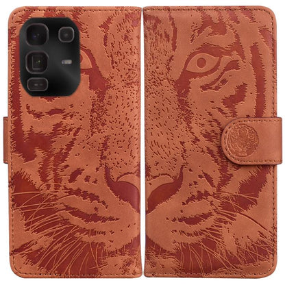 Brown tiger-embossed flip leather phone case with card slot and magnetic strap.