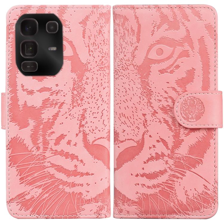 Pink tiger-embossed flip leather phone case with card slot and magnetic strap.