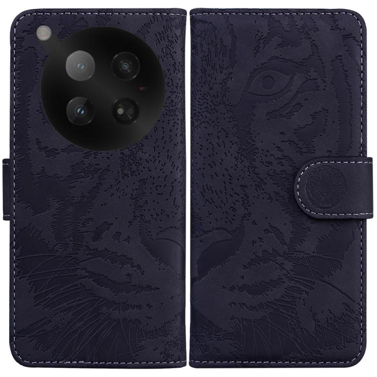 Dark navy tiger-embossing flip leather phone case with side strap and round camera cutout