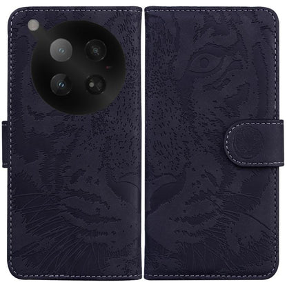 Dark navy tiger-embossing flip leather phone case with side strap and round camera cutout